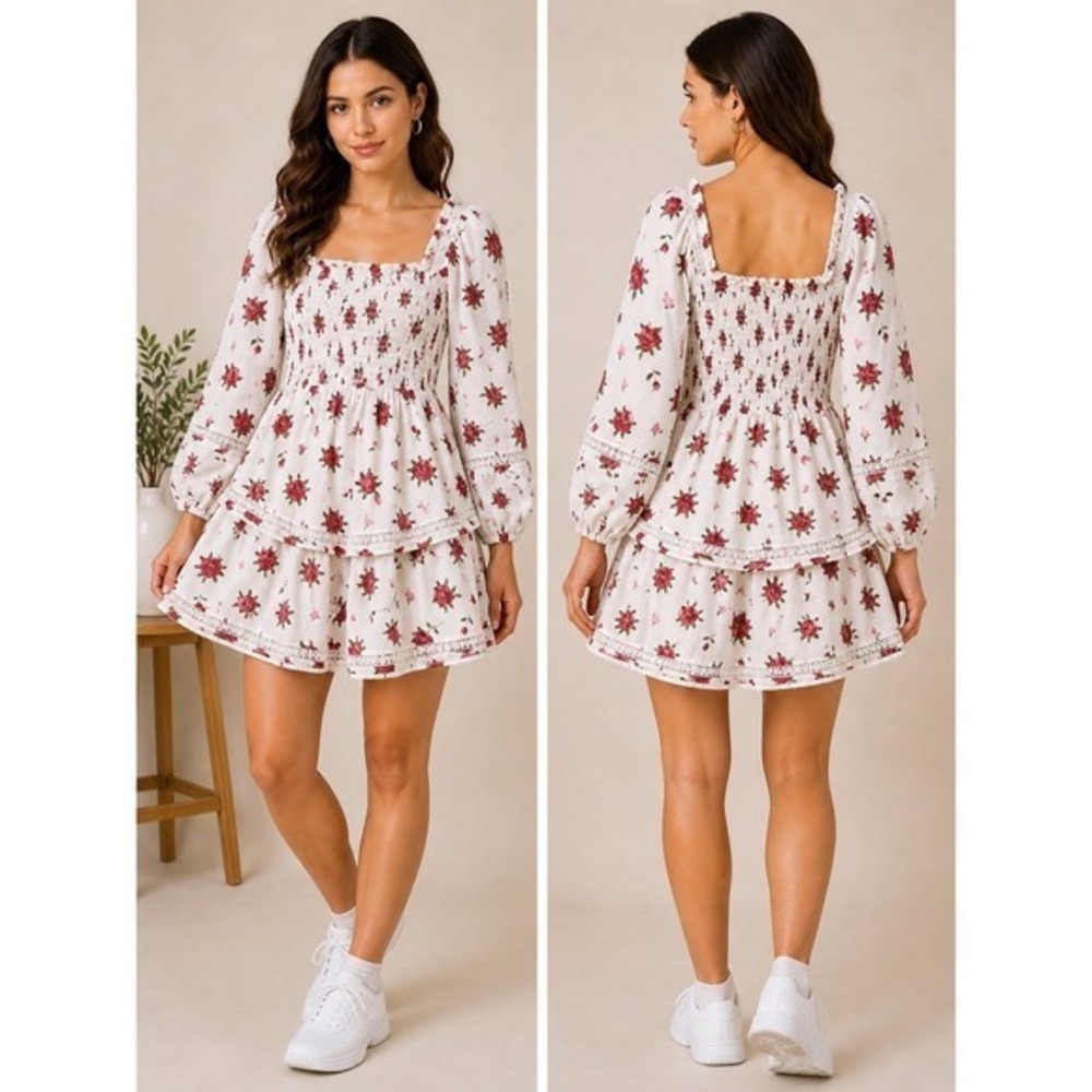 Altar'd State Red Rose Floral Smocked Tiered Mini Dress Womens XL Cotton Lace